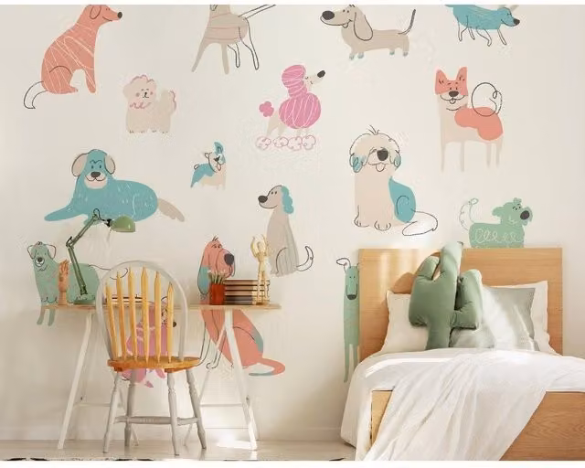Origin Murals Happy Dogs Wall Mural in Pink and Multicolour, W: 350 cm, H: 280 cm