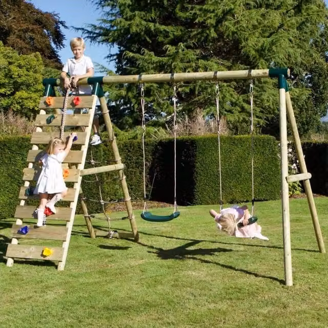 Rebo Ela Wooden Double Swing Set with Up and Over Climbing Wall in Green and Brown