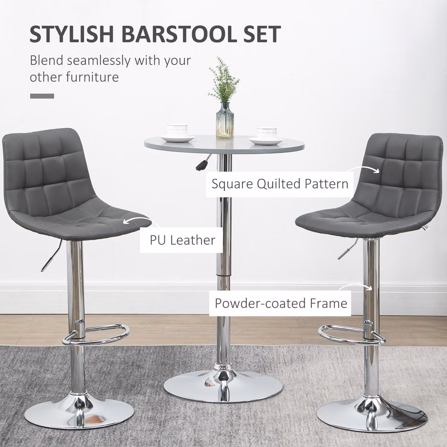 HOMCOM Set of 2 Grey Modern Adjustable Bar Chairs with 360 Degree Swivel and Footrest – 3