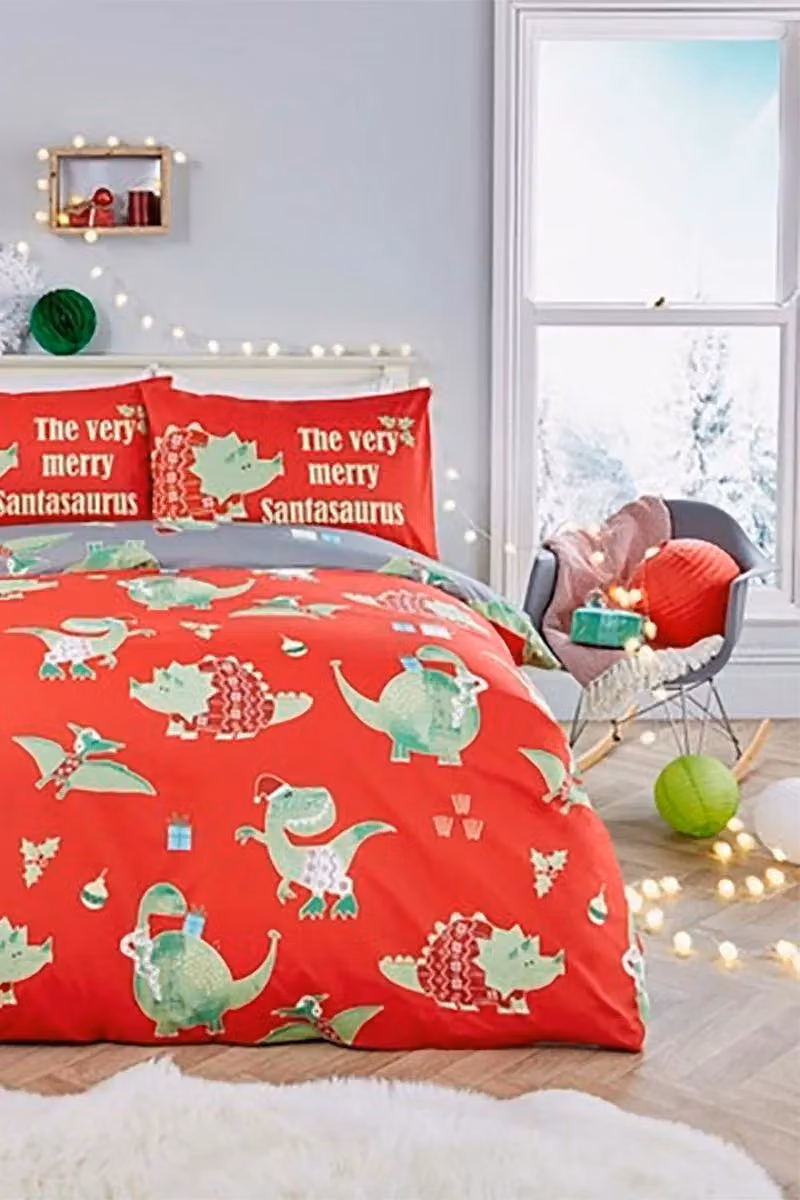 Bedlam Santasaurus Christmas Dinosaur Glow in the Dark Reversible Duvet Cover Set and Pillowcase in Red, W/D/H: 140 x 200 cm and 90 x 200 cm – 2
