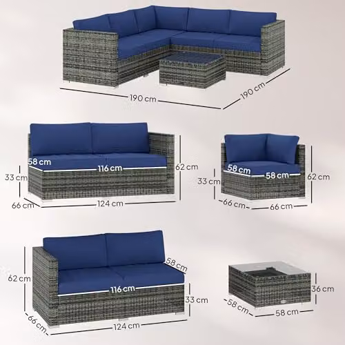 Outsunny 4 Piece Blue Rattan Garden Furniture Set with L-Shape Corner Sofa, 2-Seater Sofa, Coffee Table and Upholstered Cushions – 7