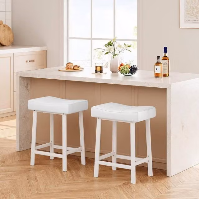 London Boutique Set of 2 White Padded PU Leather Kitchen Bar Stools with Metal Footrests