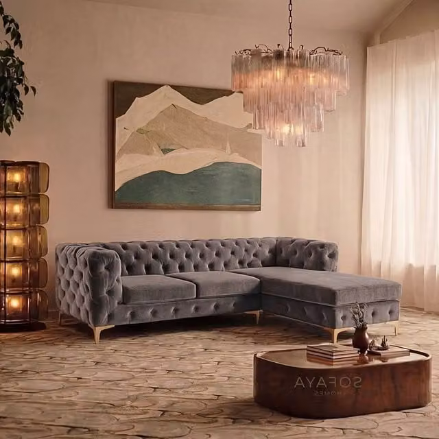 Sofaya Monaco Chesterfield 3 Seater L-Shaped Sofa with Right Hand Chaise in Grey Velvet – 1