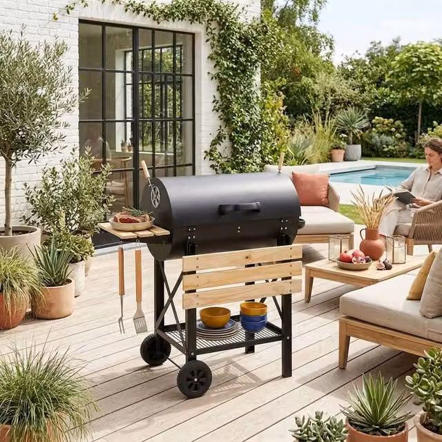 sweeek American-style Offset Charcoal Smoker Barbecue in Black