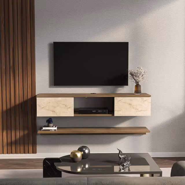 Decorotika Elia Floating TV Unit with Accent Shelf in Walnut and Travertine Brown