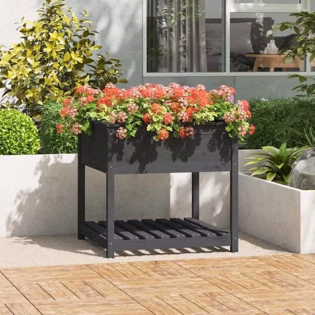 Berkfield Home Planter with Shelf in Grey, Solid Pine Wood, W/D/H: 82.5 x 82.5 x 81 cm – 1
