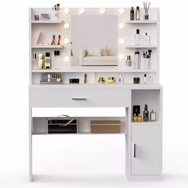 PAWNORA Modern White Dressing Table with Hollywood LED Lighting and 8 Shelves – 1