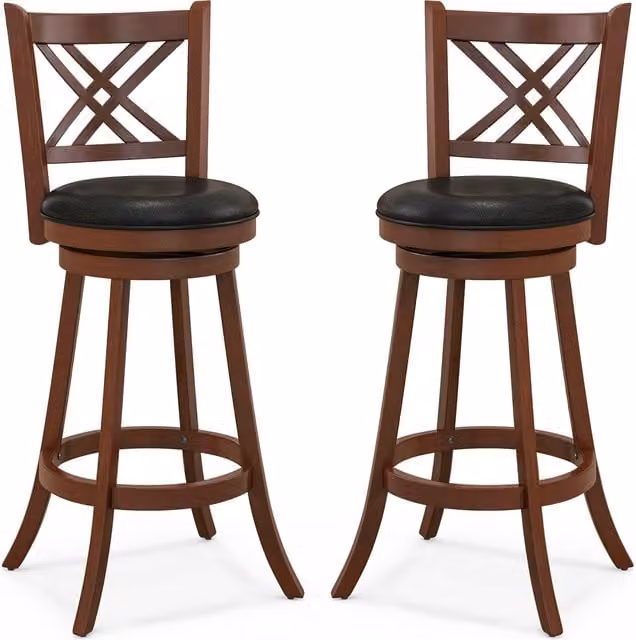 Costway Set of 2 Brown Rubberwood Bar Stools with 360 Degree Swivel and Synthetic Leather Seats