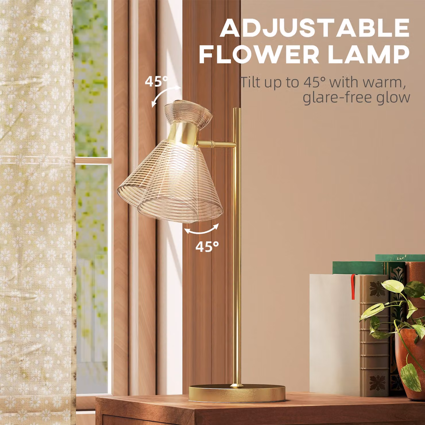HOMCOM Modern Table Lamp with Adjustable Flower-Shaped Amber Glass Head and Gold Metal Base, E27 Socket – 3