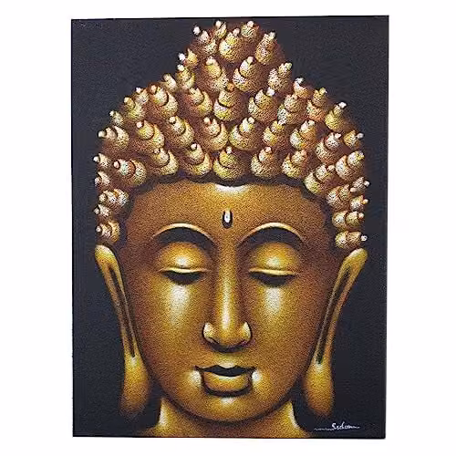 AW Buddha Portrait Painting in Gold Sand Finish and Yellow