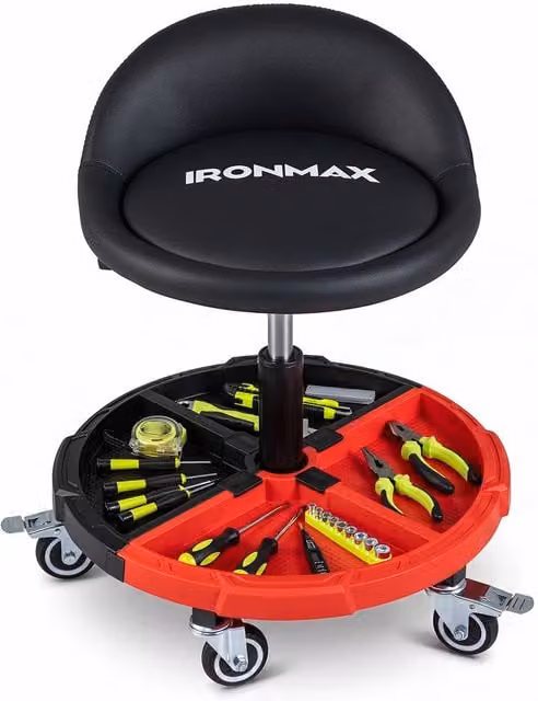 Gymax 360 Degree Rolling Mechanic Stool with Tool Storage Tray in Red – 1