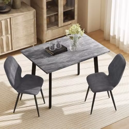 HOMCOM Modern Dining Set with Rectangular Table and 2 Velvet Upholstered Chairs in Grey and Black – 6