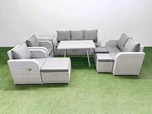 Fimous Outdoor Rectangular Table Sofa Set with Reclining Chair and 3 Stools in Light Grey