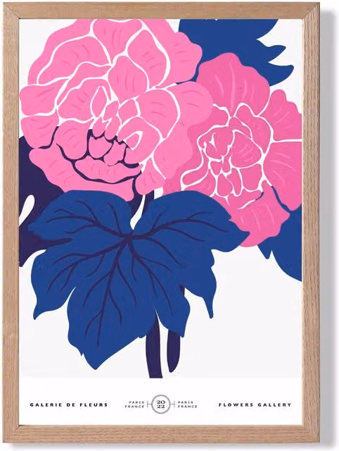 ARTZE Pink and Blue Allium Flower Market Gallery Framed Print with Oak Frame in Mid Blue