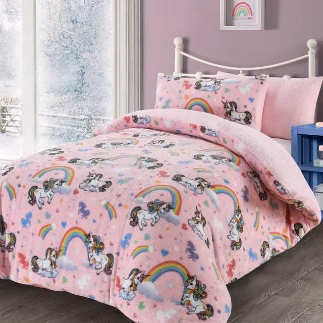 Homes-Linen Pink Unicorn Teddy Fleece Duvet Cover Set for Kids, Double, 140 x 200 cm