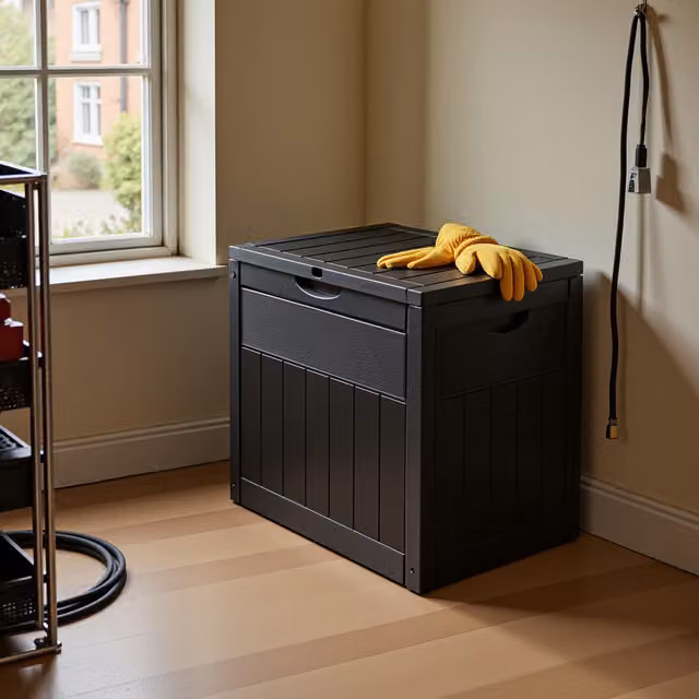 Breeins 126L Waterproof Wood Grain Plastic Storage Box with Padlock, Black