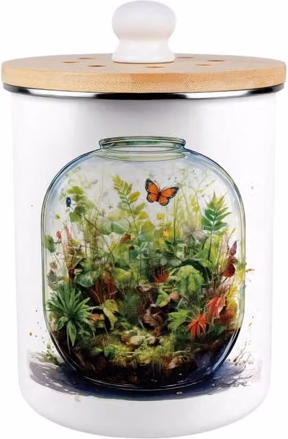 Purely Home Plant Terrarium Food Waste Caddy, Metal Decorative Kitchen Compost Bin with Removable Inner Bucket and Odour Filter, Green and White, 2L – 1