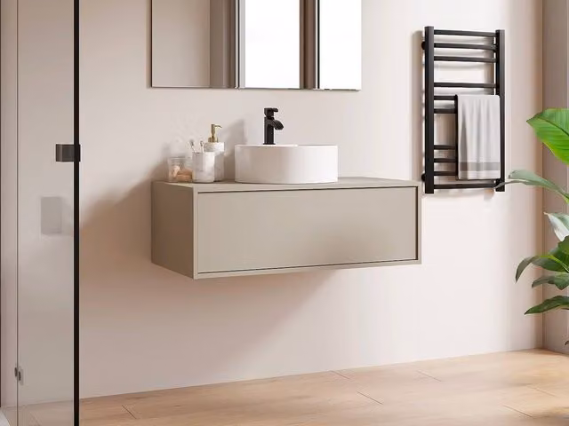 Vente-unique Suspended Beige Bathroom Vanity Unit with Single Round Basin, W: 94 cm, D: 47 cm, H: 32 cm