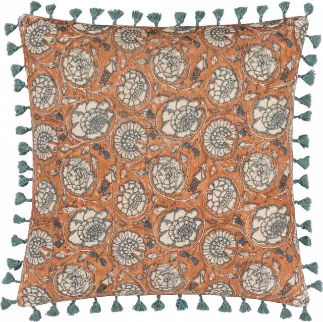 Paoletti 1973 Orange Floral Cotton Velvet Square Cushion