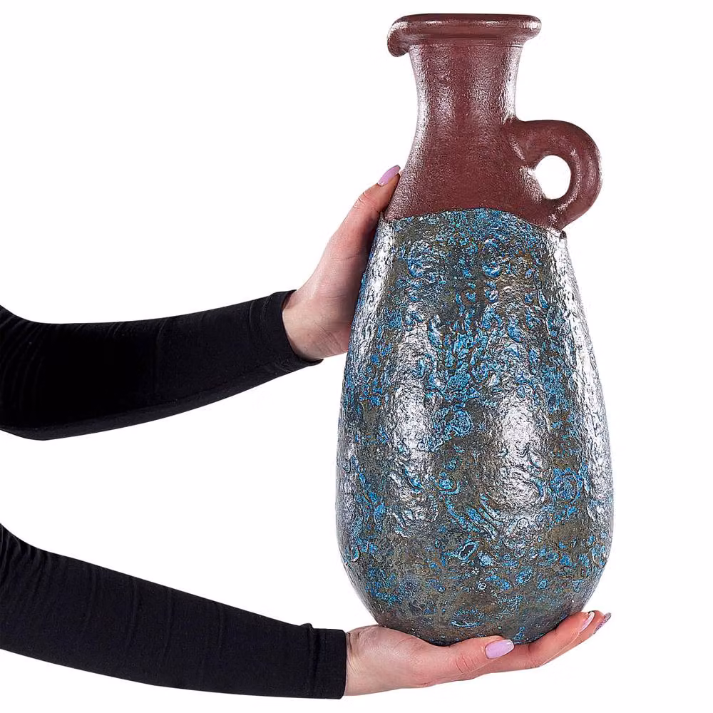 Wyld and Coco Handmade Ceramic Terracotta Vase in Blue and Brown with a Distressed Vintage Finish, Height: 40 cm – 3