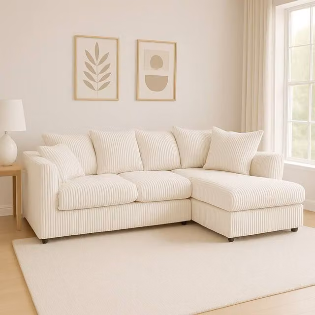 SquareBoxx Asher Jumbo Cord Corner Sofa with Right Hand Facing Chaise in Off-White