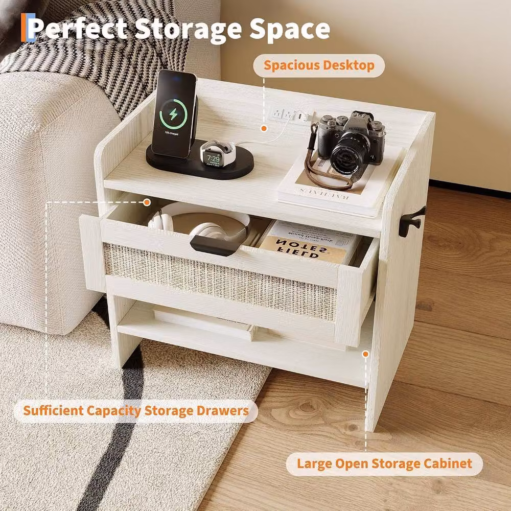 London Boutique White Rattan Boho Bedside Cabinet with Charging Station and Hook – 3
