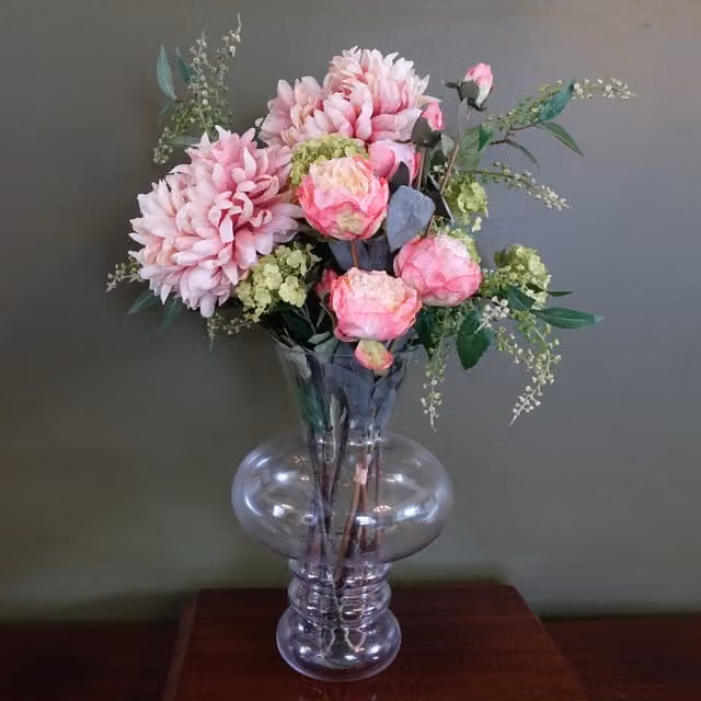 Chrysanthemum Mix Glass Bubble Vase in Transparent Pink and Green with Leaf Detail, H 35.0 cm x W 27.0 cm x D 27.0 cm