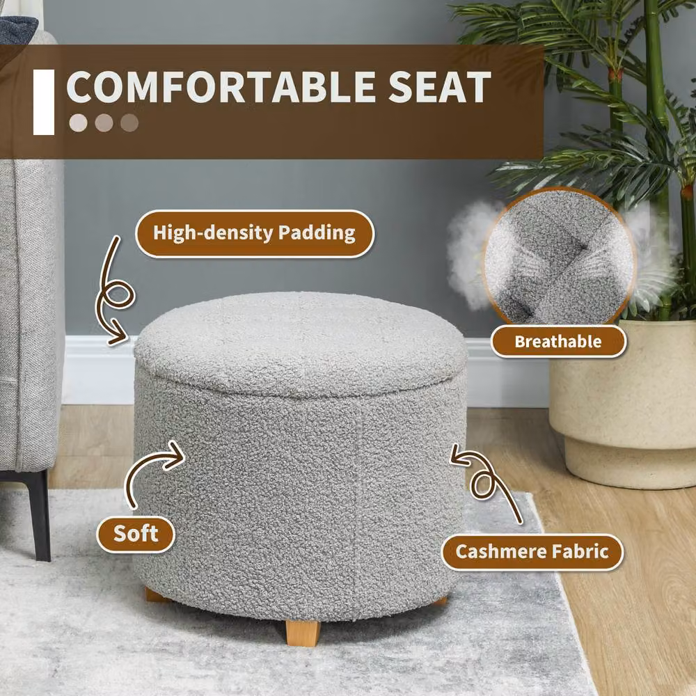 STILVORA 31.8L Grey Bouclé Storage Stool with Wooden Legs – 3