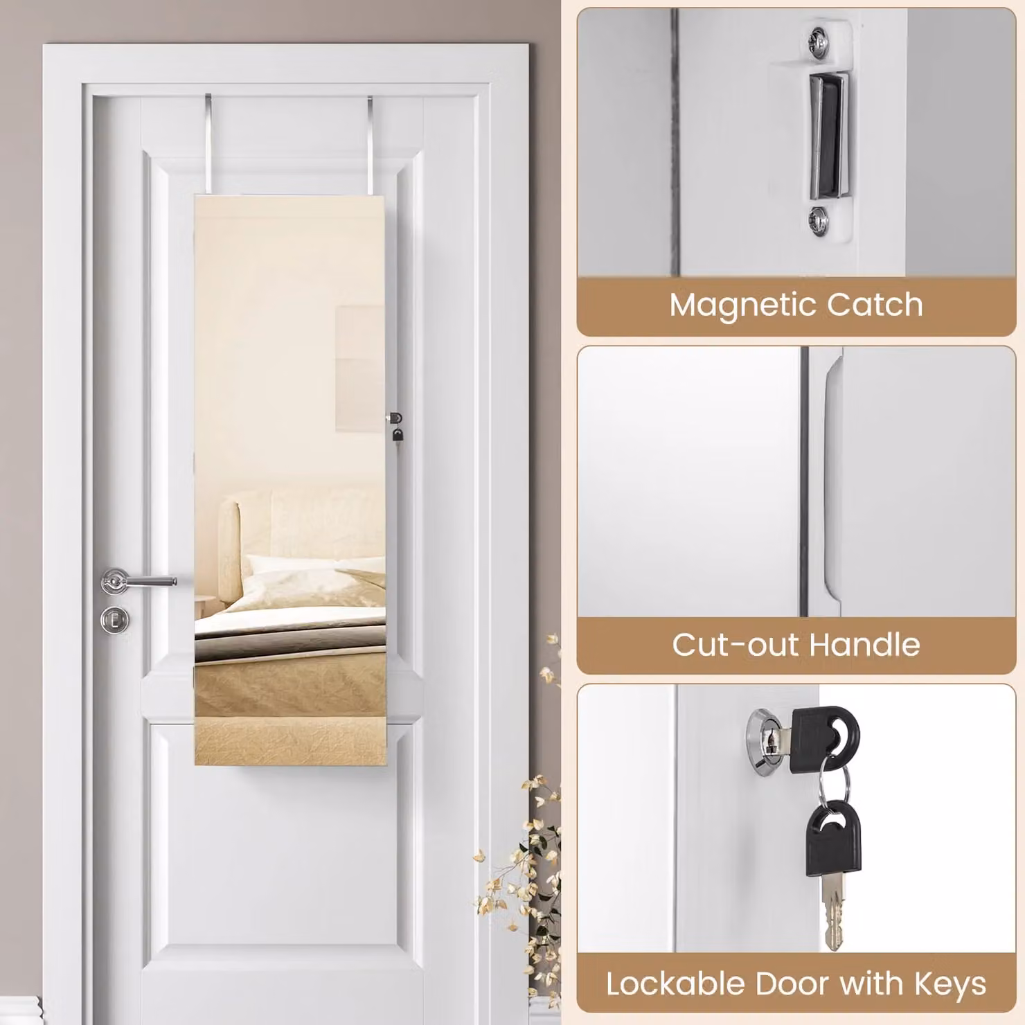 Gymax White Glossy Jewellery Mirror Cabinet with Hinged Doors and Internal Shelves, Width: 110 cm – 4