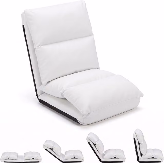 COSTWAY 14-Level Adjustable Foldable Floor Chair with Back Support in White