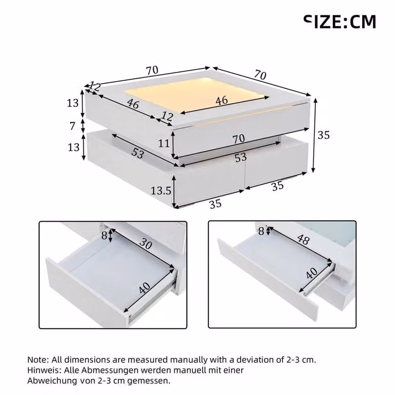 KORVIXA Modern Square Coffee Table with Storage in White and Glass, W/D/H: 70 x 70 x 35 cm