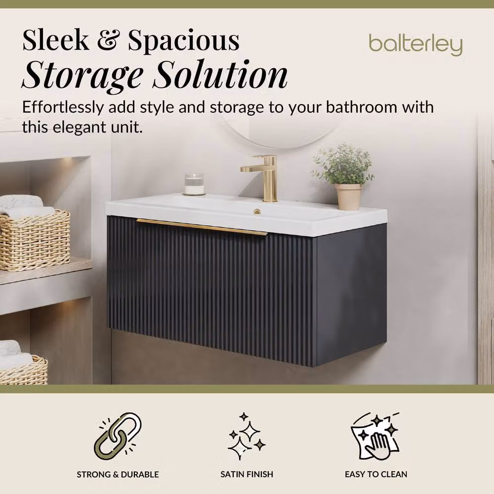 Balterley Fluted Front Wall Hung 1 Drawer Vanity Basin Unit, Dark Grey, Width: 80 cm – 2