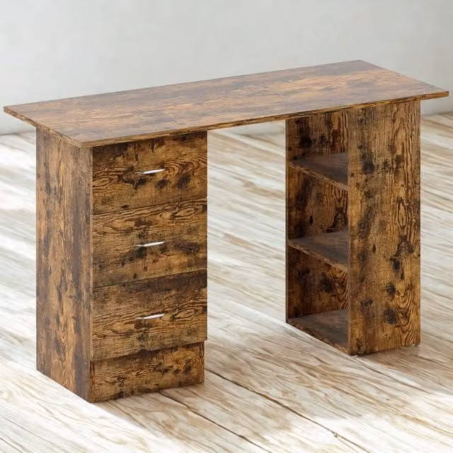 FURNOS Industrial Rustic Computer Desk with 3 Drawers and Shelves, Brown, W: 120 cm, D: 49 cm, H: 72 cm – 1