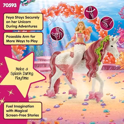 Schleich Bayala Mermaid Feya and Underwater Unicorn Figure Set, Multicolour and Gold – 4