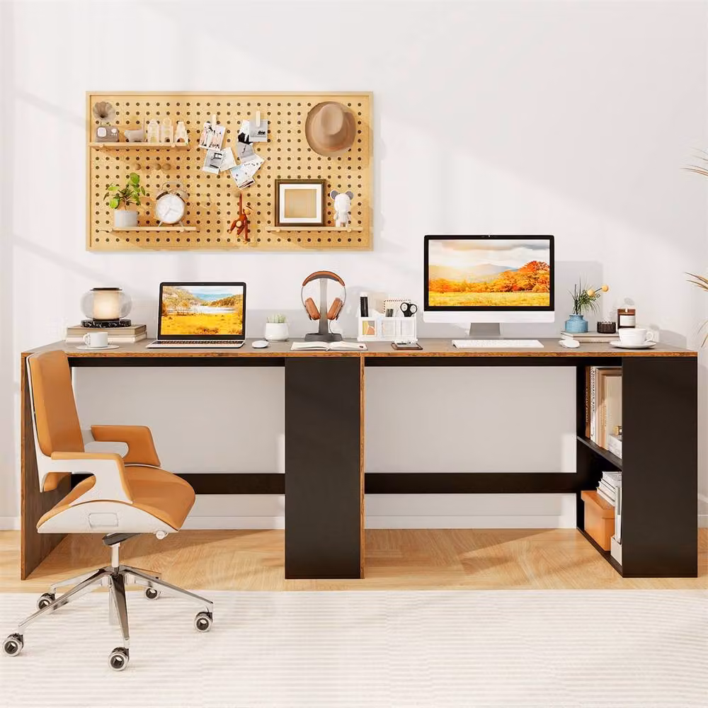 FORGEVIO Modern Home Office Computer Desk with Double Open Shelving in Brown – 3