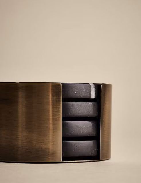 M&S Set of 4 Black Marble and Stainless Steel Rectangular Coasters with Holder