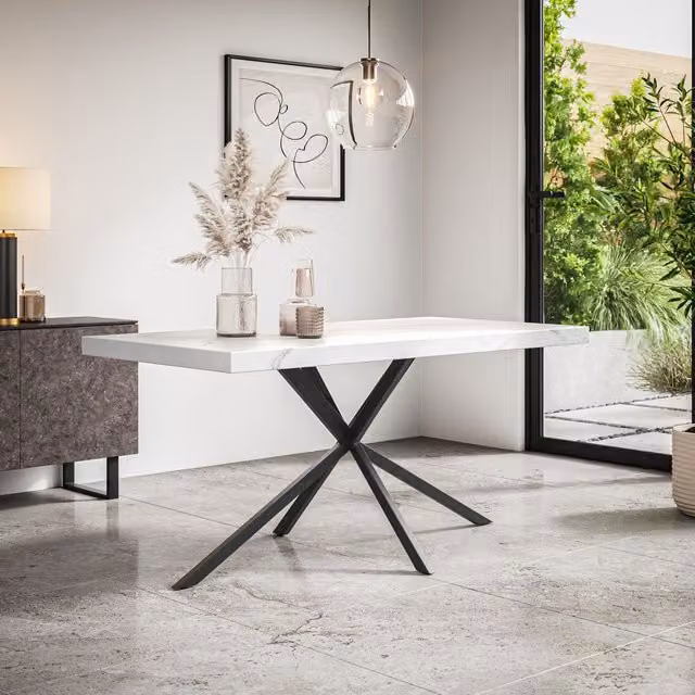 More4Homes Donni Rectangular 4-6 Seater Dining Table with White Marble Effect Top and Black Metal Legs, W: 160.0 cm, D: 80.0 cm, H: 75.0 cm – 1