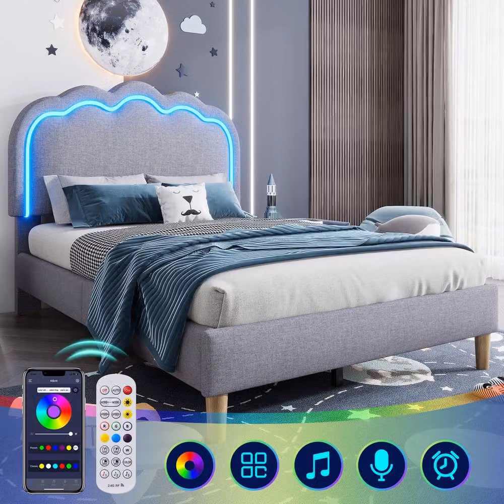 ModernLuxe Upholstered Childrens Single Bed in Grey with Adjustable Headboard and Under-Bed LED Lighting W/D/H: 90 x 200 x 109 cm – 3