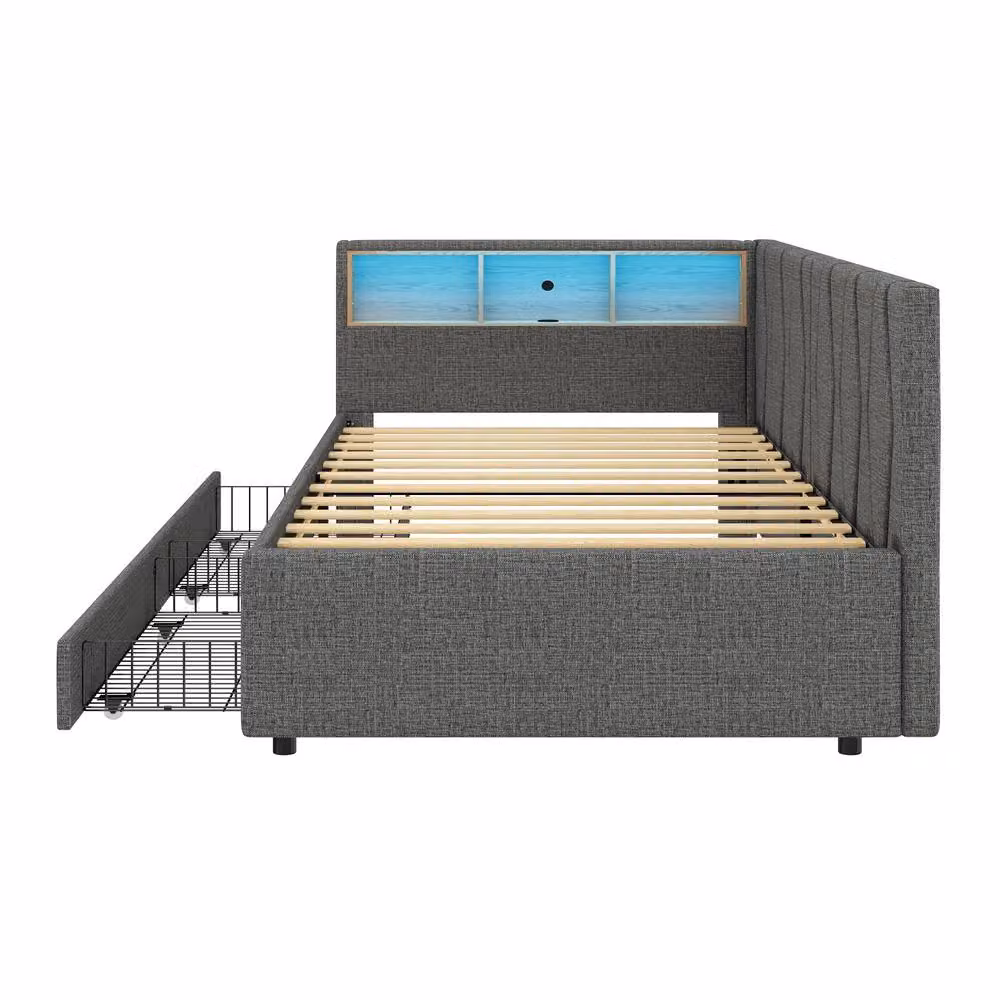 BTM Single Daybed with Storage Drawers, LED Lighting and USB Charging Station in Grey, W/D/H: 90 x 190 x 38.28 cm – 9