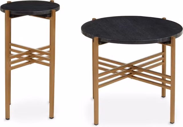 Orsina Set of 2 Round Black Marble Side Tables with Gold-Finish Tripod Iron Frames – 1
