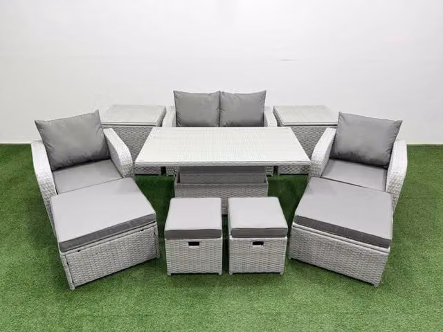 Fimous 10 Piece Modern Dining Table Set with Reclining Chairs and Inclining Love Sofa in Light Grey