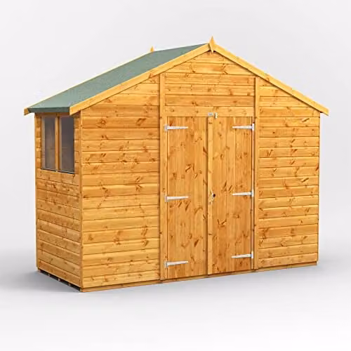 Powersheds Premium Apex Wooden Garden Shed in Natural Brown with Double Doors, 12mm Timber and Toughened Glass Windows