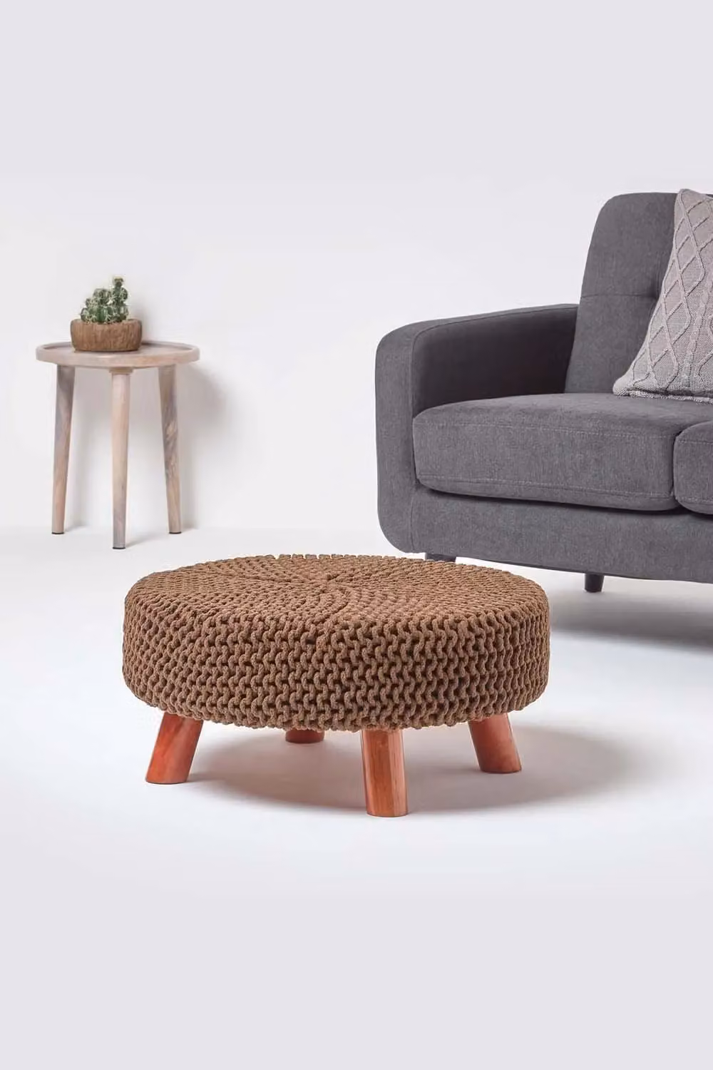 Homescapes Large Round Cotton Knitted Footstool on Legs in Brown – 2