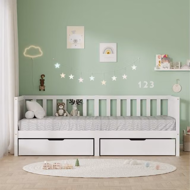 HMD White Childrens Solid Wood Bed with 2 Under-Bed Storage Drawers on Wheels, W/D/H: 90 x 190 cm
