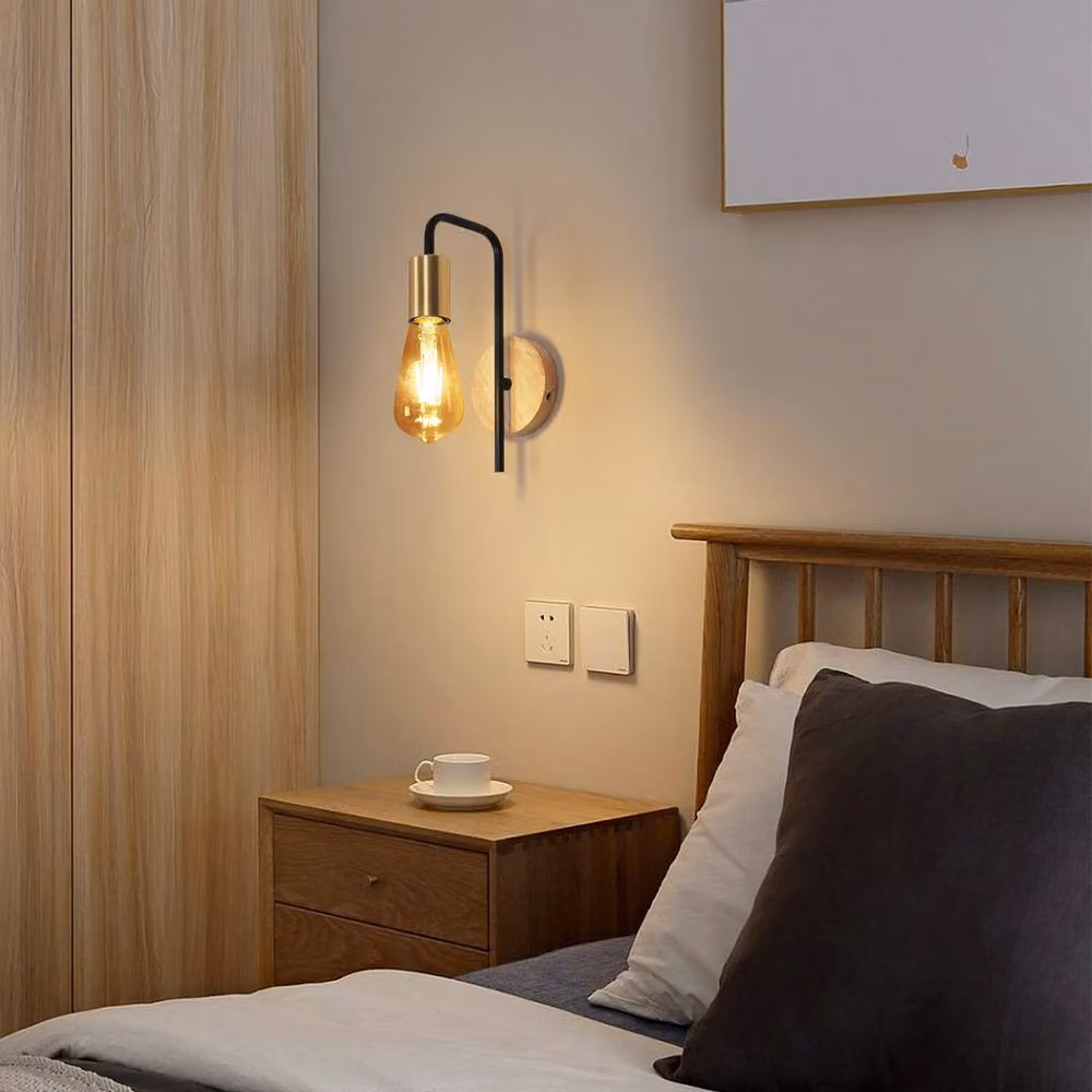 Pheashine Industrial Style Wall Lamp 2 Pack with Wood Base and Gold/Brass Finish, E27 Socket – 3