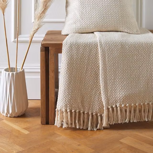Terrys Hayden Woven Cotton Throw and Cushion Set in Cream and Beige