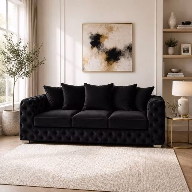 Stratus Interiors Ashley Chesterfield 3 Seater Scatter Back Sofa in Black Plush Velvet – 1