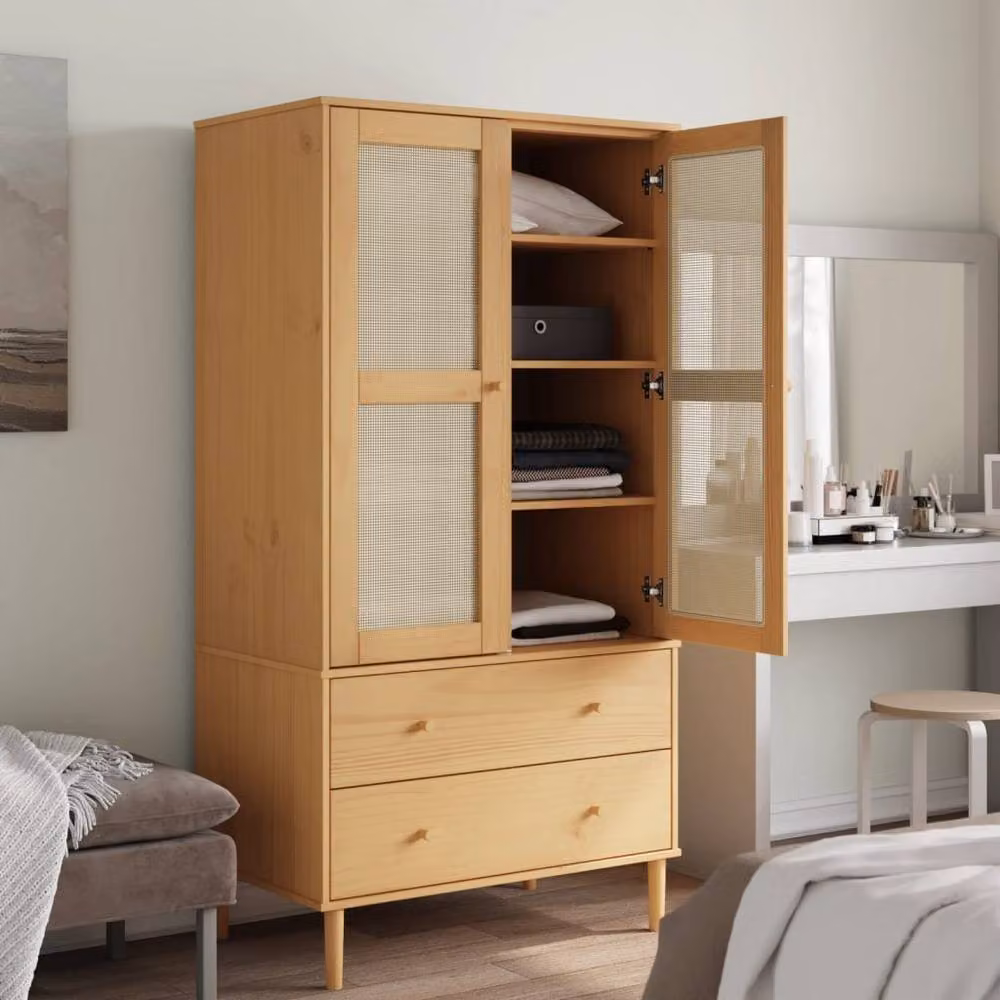 Berkfield Home SENJA Wardrobe in Brown Rattan Look Solid Pine Wood, W/D/H: 90 x 55 x 175 cm – 2