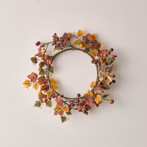 Lights4fun Artificial Autumn Wreath with Leaves and Berries in Orange, Red, Brown and Multicolour, Diameter: 40 cm – 2