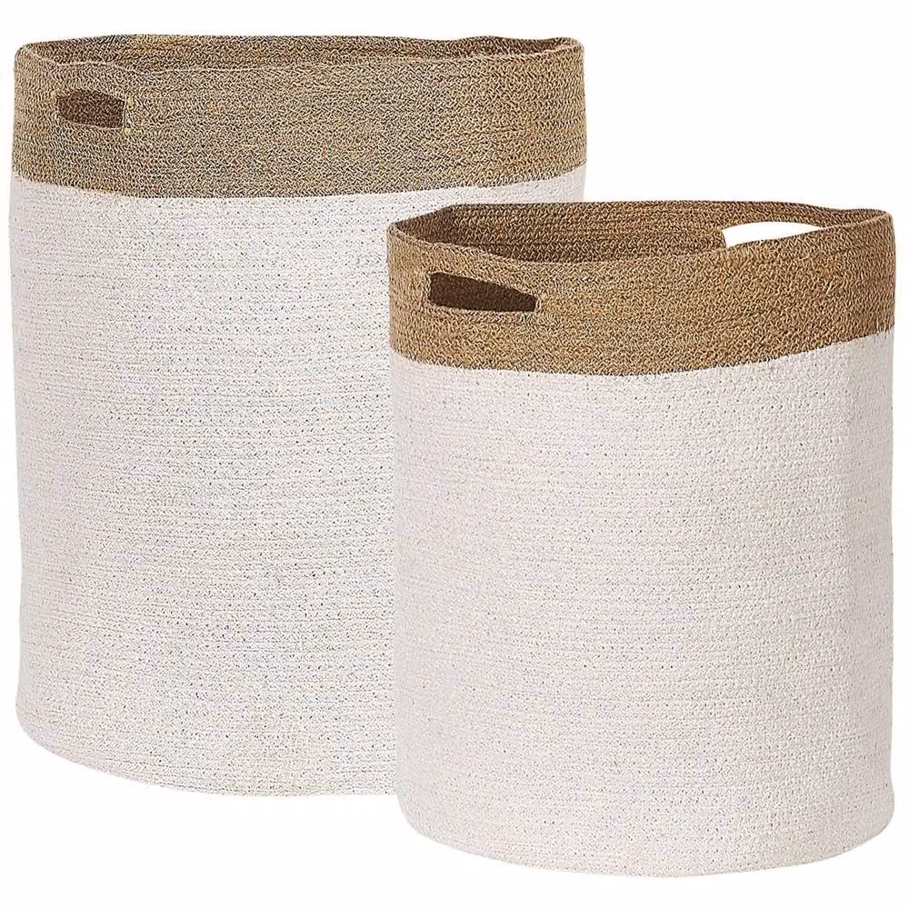 Wyld and Coco Set of 2 Woven Cotton and Jute Storage Baskets in White and Light Beige – 2